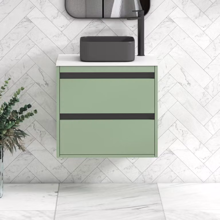 Royal Bathrooms Orion 600mm Mint Sage Wall Hung Vanity Unit with 2 Drawers, White Art Square Basin and Black Accent Trim