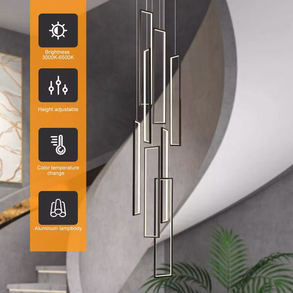NIVOR Modern Rectangular LED Dimmable Pendant Chandelier in Black with 8 Lights and Height Adjustable 3m Suspension – 3