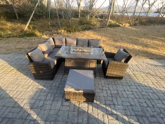 Fimous 8 Seater Rattan Garden Furniture Set with Gas Fire Pit Dining Table, Left Corner Sofa and Big Footstools in Dark Grey