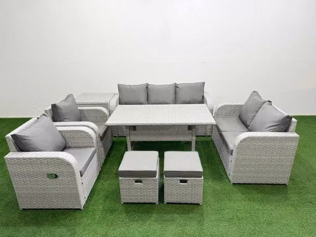 Fimous Grey PE Rattan Garden Furniture Set with Reclining Chairs, Double Love Seat, Rectangular Dining Table and 2 Stools