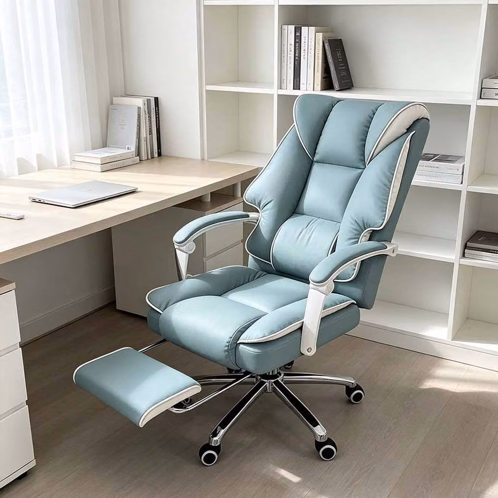 FORGEVIO Blue Synthetic Leather Executive Office Chair with Headrest and Foot Ring – 4