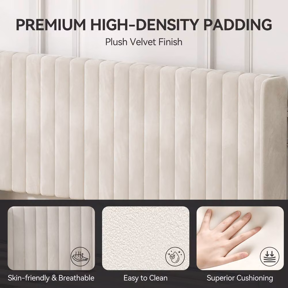 MCC Direct Charlie Velvet Upholstered Single Bed Frame with Channel Headboard in Beige, W/D/H: 90 x 190 cm – 2
