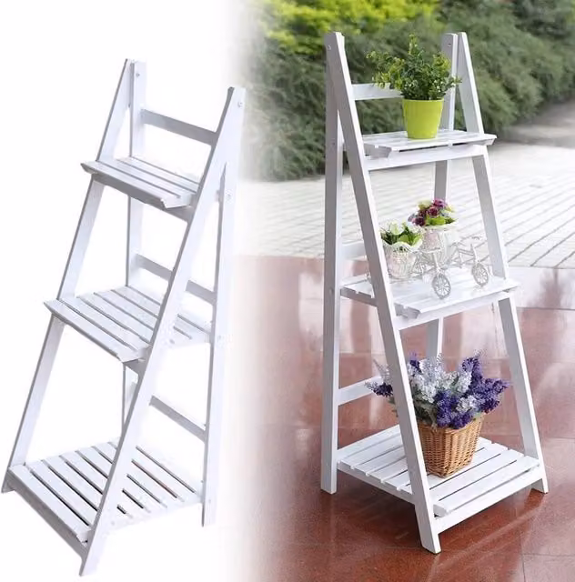 EONLION White 3 Tier Wooden Folding Ladder Shelf, Height: 100 cm