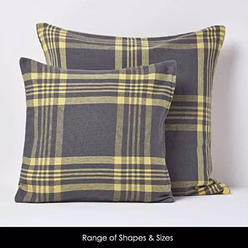 Homescapes Grey and Yellow Tartan Cotton Cushion Cover, W/D/H: 45 x 45 x 45 cm – 4