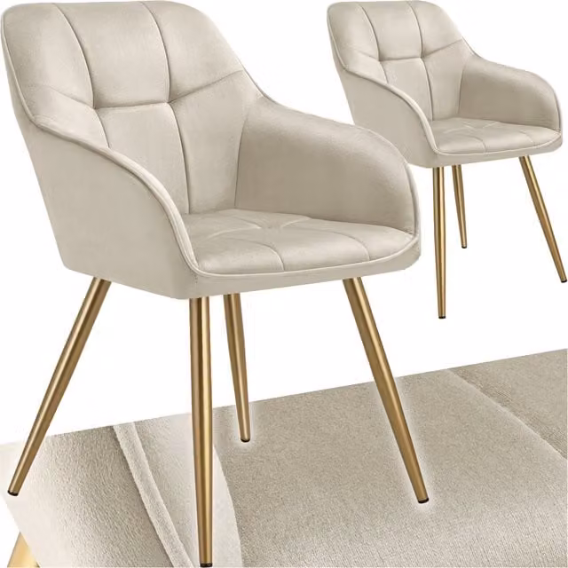 TECTAKE Modern Upholstered Dining Chair in Beige Velvet with Metal Legs