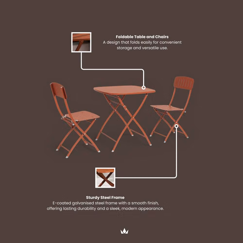 Royalcraft VENICE Bistro Square Table and 3 Chairs Set in Terracotta Matt Powder Coated Steel, W/D/H: 70 x 70 x 85 cm – 3