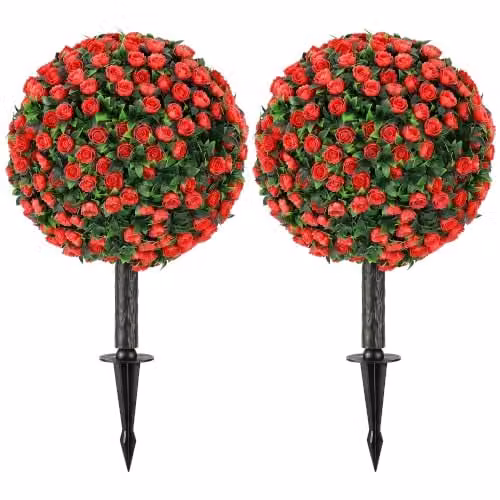 HOMCOM Set of 2 Red Artificial Rose Topiary Trees, UV-Resistant, Height: 55 cm
