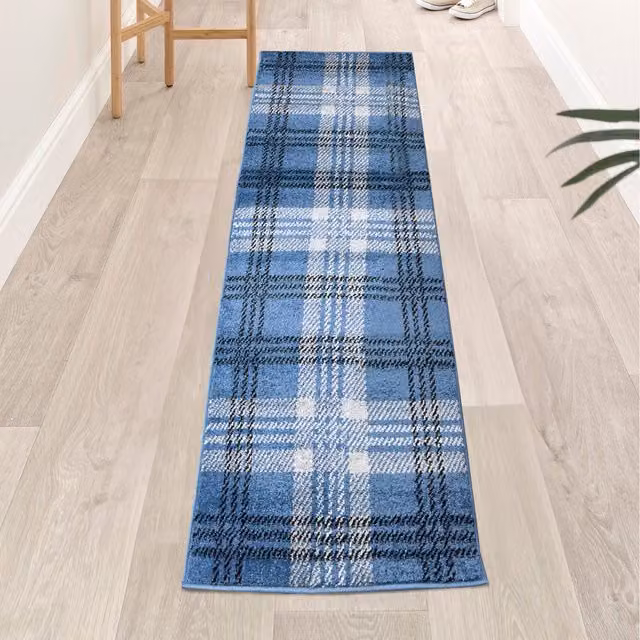 Home Republic Classic Tartan Check Non Slip Runner Rug in Blue