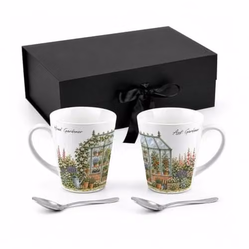 Purely Home Greenhouse Gardening Latte Mugs and Spoons Gift Boxed Set in Green and White with Floral Design