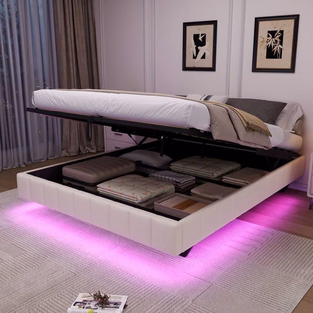 ModernLuxe Floating Upholstered Double Bed with Ottoman Storage and LED Lights in Beige, W/D/H: 140 x 200 cm – 2