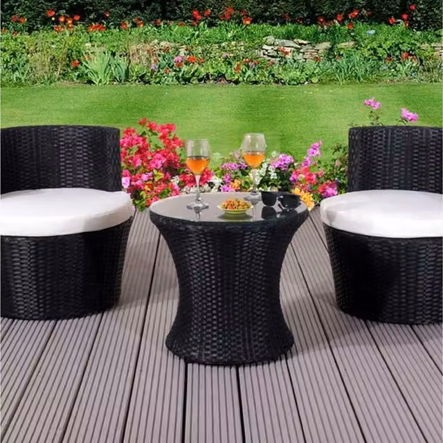 Comfy Living 3 Piece Modern Rattan and Metal Bistro Garden Furniture Set with Glass Top in Black