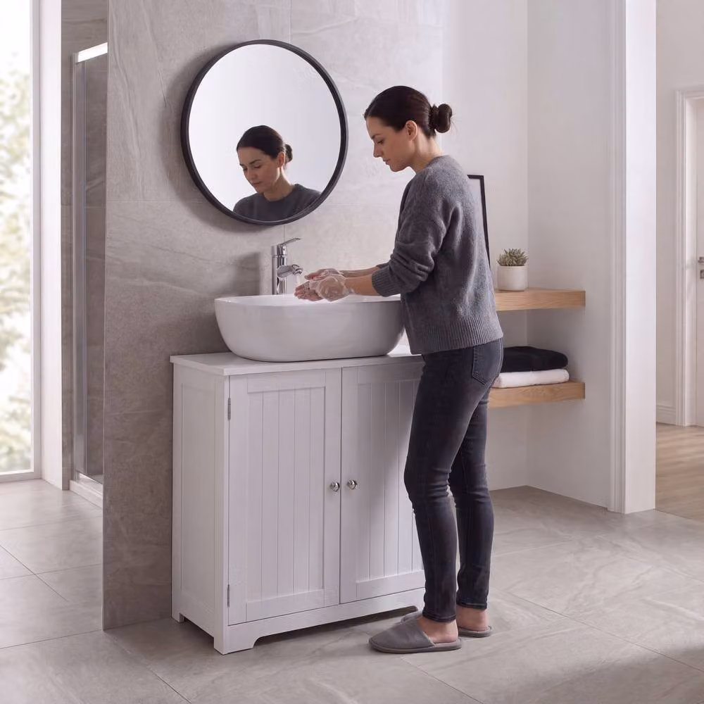 Home Discount Hayle Modern 2 Door Under Sink Bathroom Cabinet in White – 3