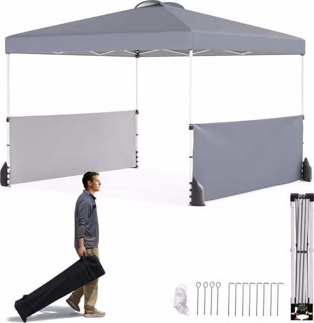 Gymax Pop up Canopy Tent with 2 Half Sidewalls and Wheeled Bag, Grey, W: 300 cm, D: 300 cm, H: 266 cm – 1