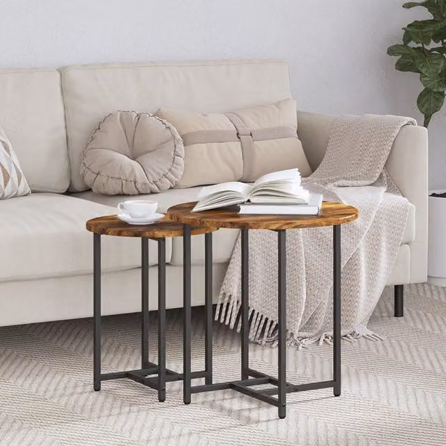 Berkfield Home Set of 2 Round Nested Side Tables in Brown Oak and Metal – 1