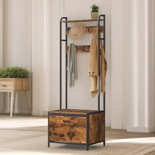 Pirlo Plush Industrial Hall Tree with Bench and Shoe Storage in Brown and Black