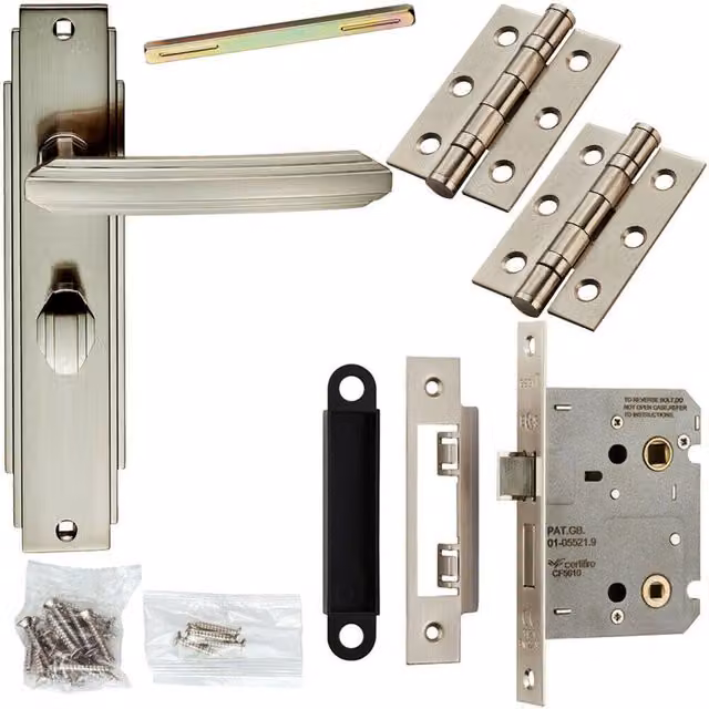 Loops Art Deco Door Handle and Bathroom Lock Pack in Satin Nickel
