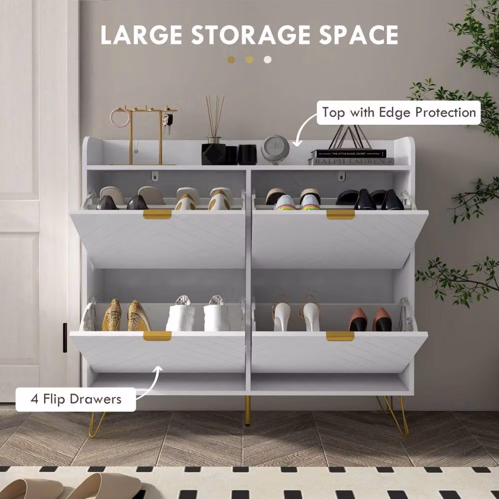 Wyld Haus Zikase White Slim Shoe Cabinet with 4 Tilting Compartments and Gold Details – 3