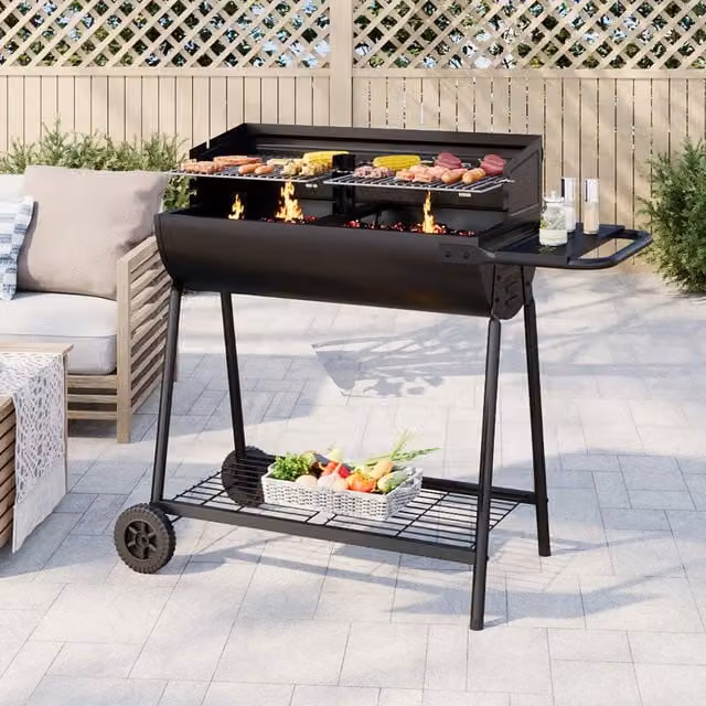 Komore Black Steel Portable Charcoal BBQ Grill Cart with Wheels