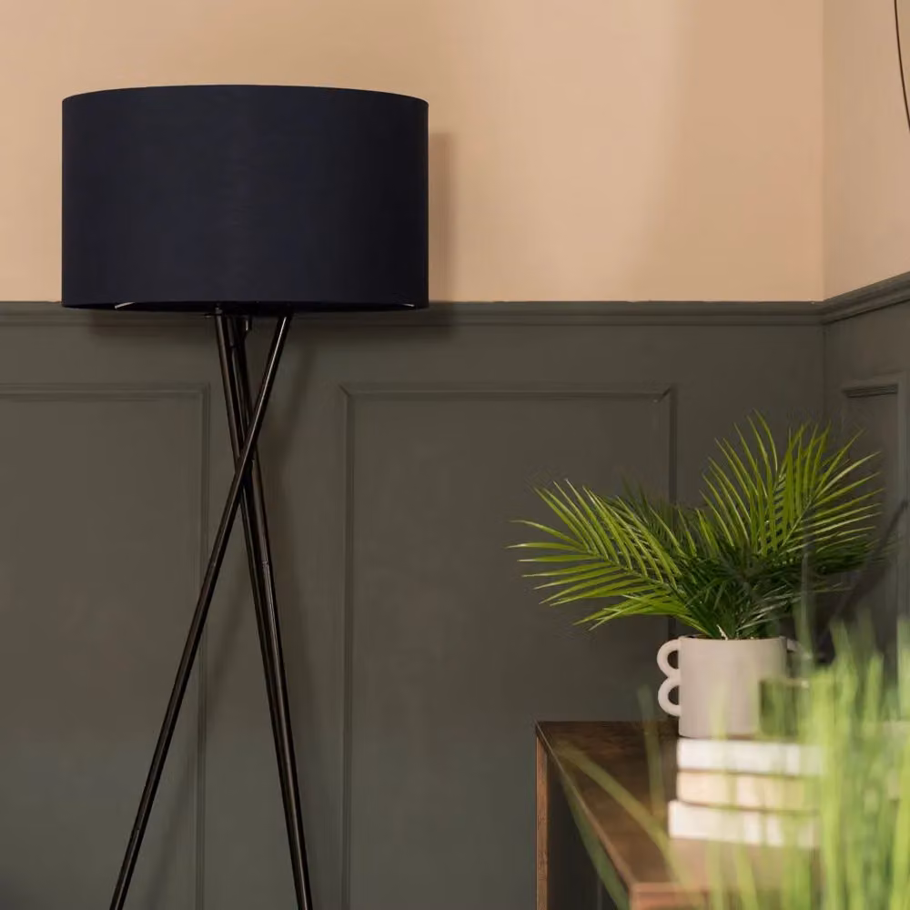 ValueLights Camden Black Metal Tripod Floor Lamp with Navy Blue Fabric Drum Shade, H 154 cm x W 62 cm – 2