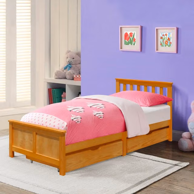 Comfy Living Solid Wood Bedframe with 2 Pull Out Drawers in Caramel, Grey and White, W/D/H: 90 x 190 cm