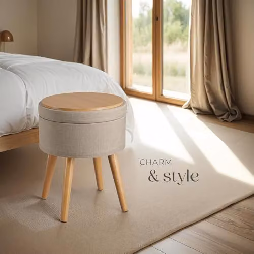 tectake Yara Round Storage Stool in Sand Fabric with Beech Legs, W/D/H: 45.5 x 45.5 x 42.5 cm – 2