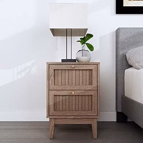 Netfurniture Chateau Bedside Cabinet in Oak with Rattan Details, W/D/H: 40.0 x 35.5 x 58.7 cm – 1