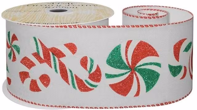 KDMD Taffeta Ribbon with Red, White and Green Candy Canes, Width: 6.3 cm, Length: 9 m