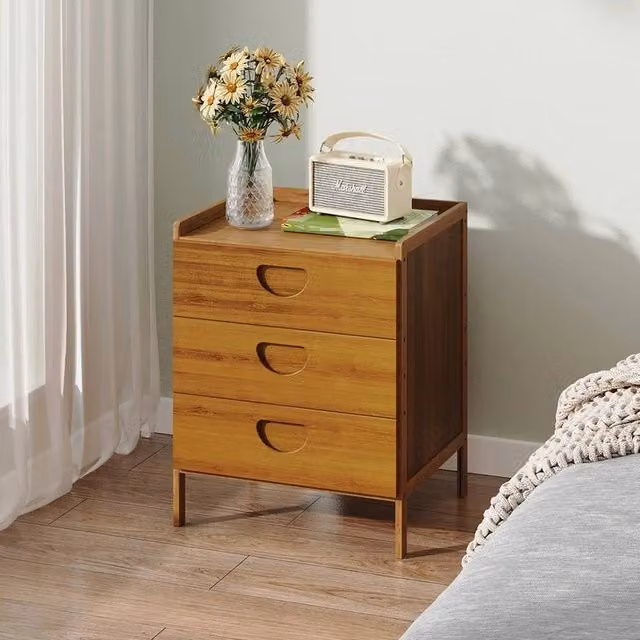 EONLION Brown Bedside Table with Drawer and Classic Wood and Glass Design