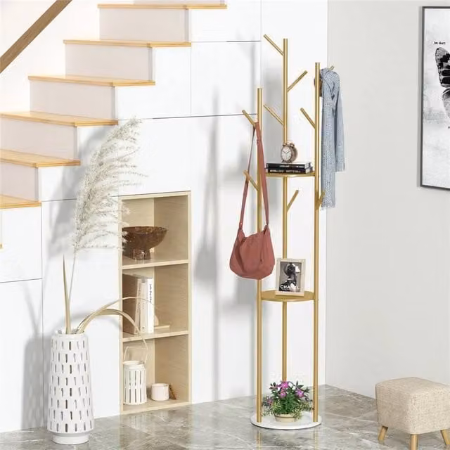 Havendro Modern Gold Metal Post Tree Coat Rack with White Marble Base