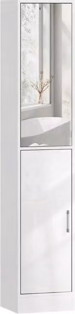 FORGEVIO Modern Glossy White Freestanding Bathroom Cabinet with Glass Doors and Internal Shelves, H: 162 cm, W: 32 cm, D: 28 cm