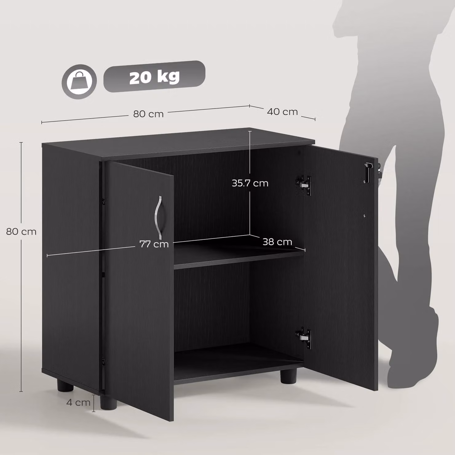 VINSETTO 2-Tier Locking Office Storage Cabinet with Hinged Doors and Internal Shelves in Black – 3