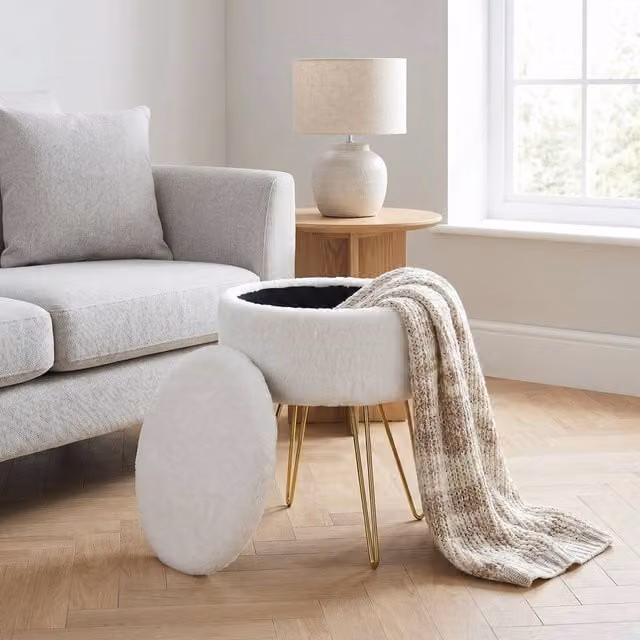 GAVENO CAVAILIA Ikat Faux Fur Storage Hairpin Stool in Cream and Beige
