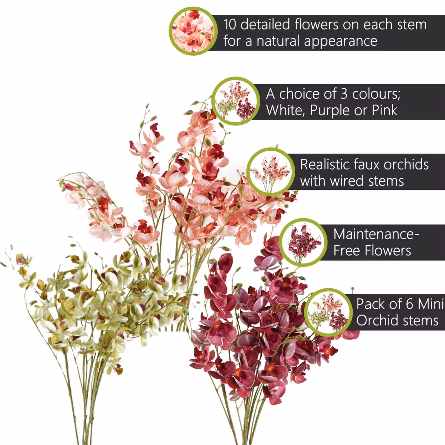 Pegdev Pack of 6 Pink and Cream Artificial Orchid Stems, 80cm Height – 2
