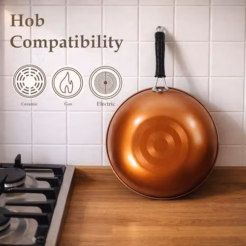 Carter & Clay Copper Finish Non Stick Carbon Steel Wok, 30 cm – 5