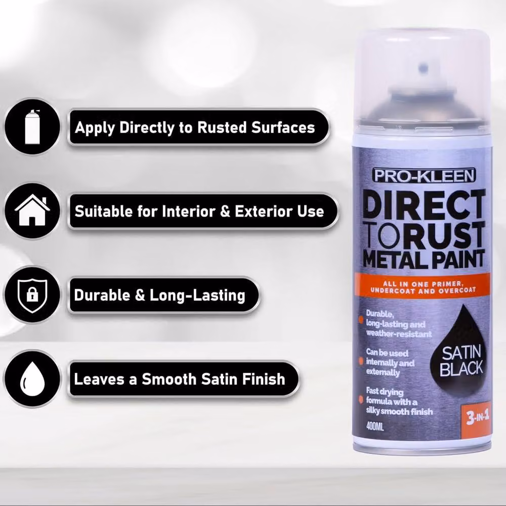 ProKleen Direct to Rust 3-in-1 Metal Paint, Primer, Undercoat and Topcoat, Black Satin Finish, 400ml – 2