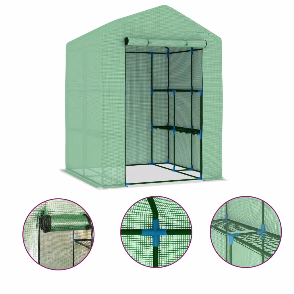 Berkfield Home Steel Greenhouse with Shelves in Green, W/D/H: 143 x 143 x 195 cm – 2