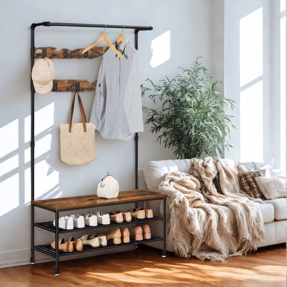 Pirlo Plush Hall Tree Coat Rack with Shoe Storage and Hooks, Brown, H: 182.0 cm x W: 100.0 cm – 3