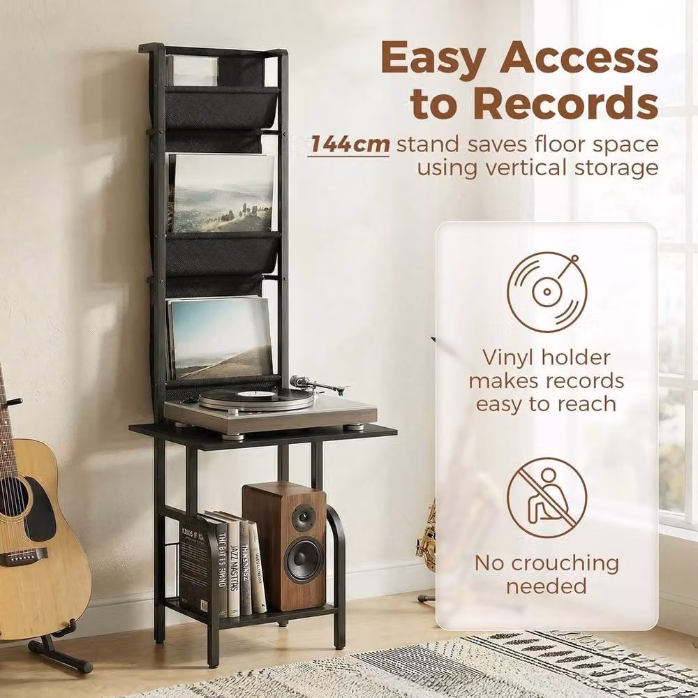 PAWNORA Vinyl Record Player Stand with Oxford Pockets, Black, W: 100 cm, D: 15 cm – 5