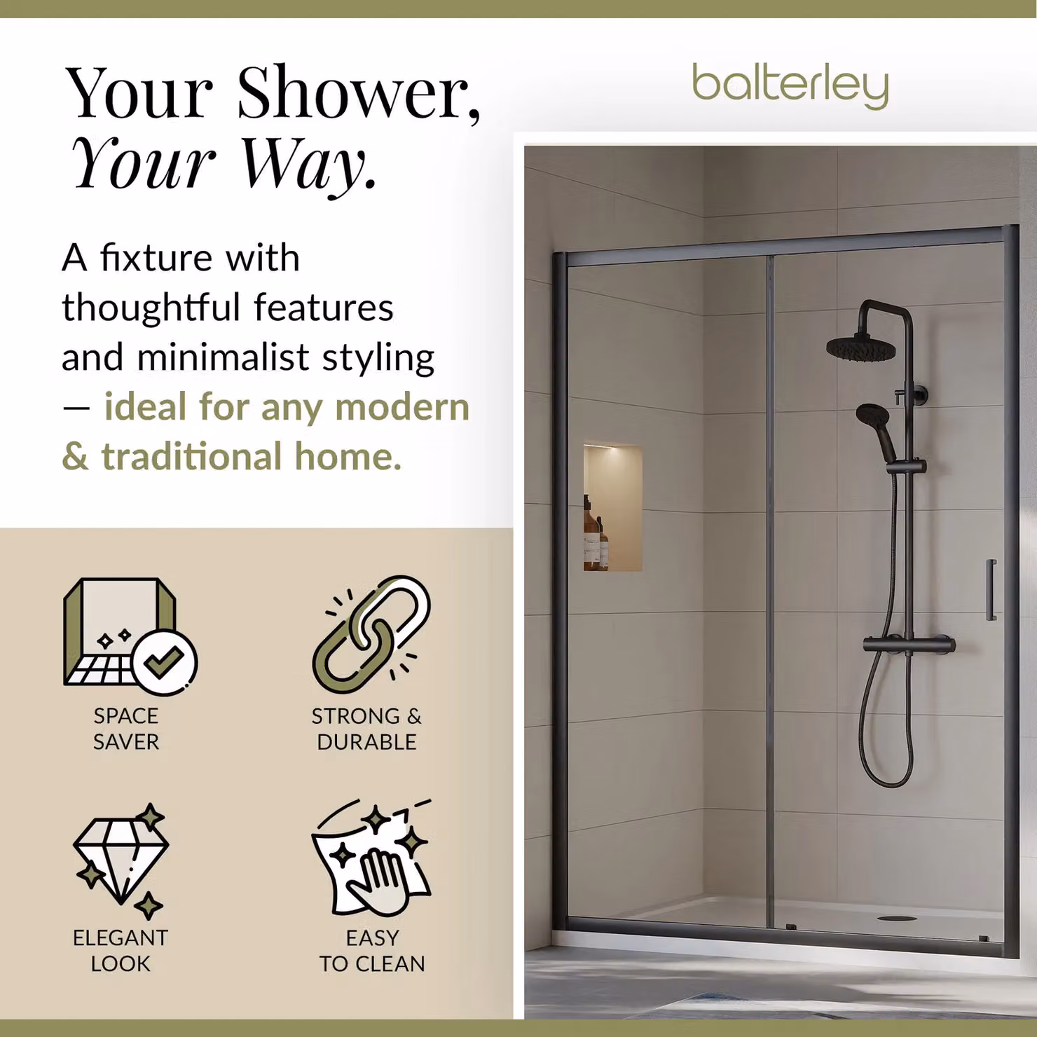 Balterley 6mm Toughened Safety Glass Sliding Shower Door, Black, W/H: 140 x 190 cm – 2
