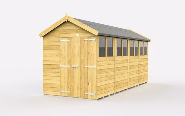 Buttercup Farm Apex Wooden Shed in Brown with Double Doors and Windows, W: 175 cm, D: 472 cm, H: 217 cm