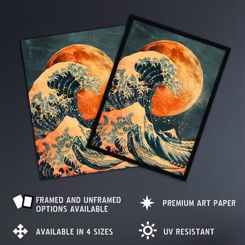 Artery8 Orange Moon Traditional Japanese Waves Framed Wall Art Print, A4 – 2