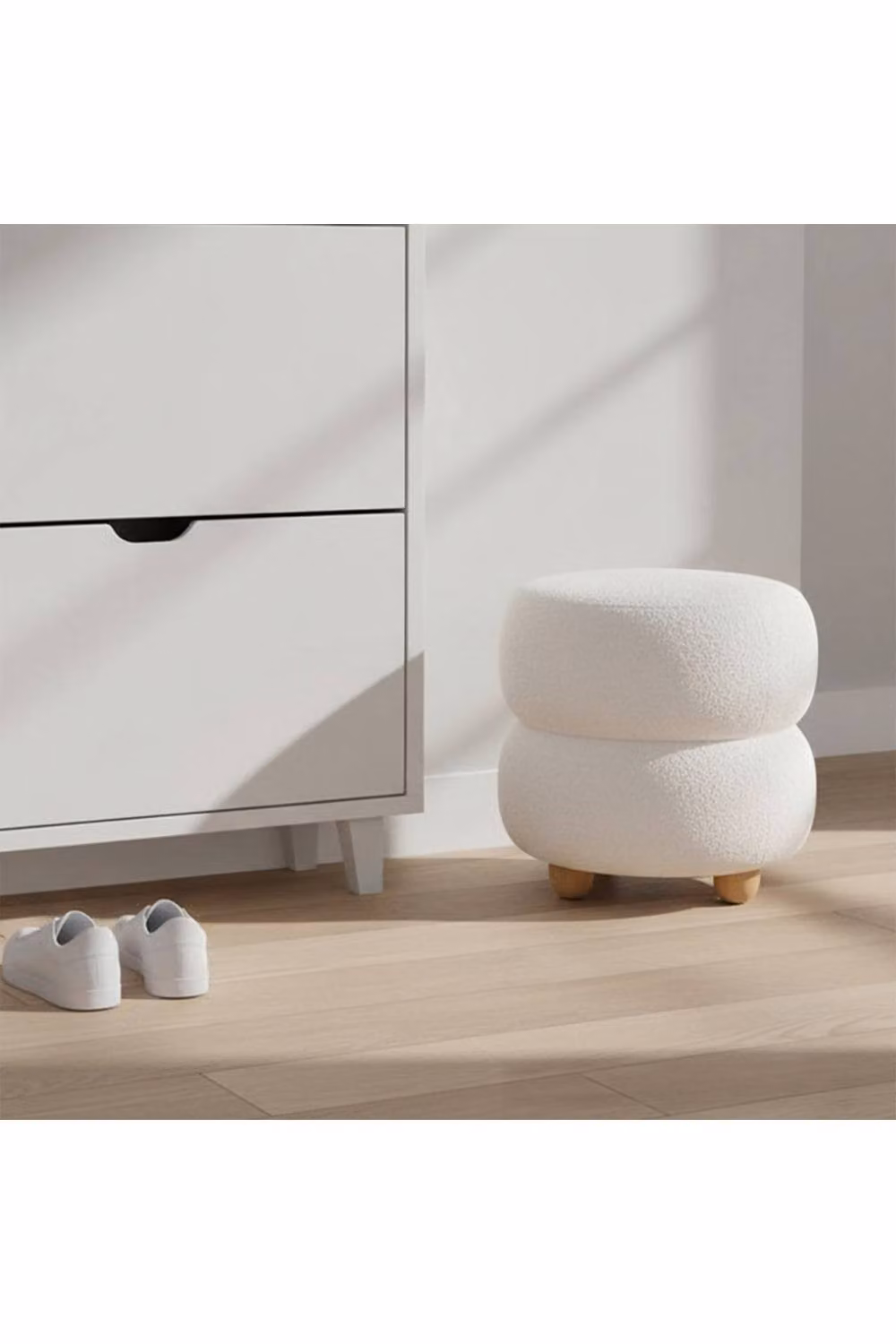 Living and Home Round Bouclé Upholstered Footstool in Beige – 2