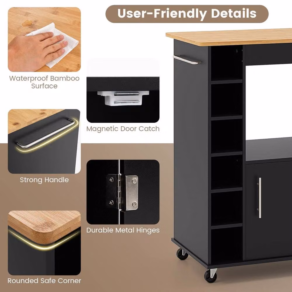 VOGREX Black Rolling Kitchen Storage Trolley Cabinet with Shelves – 3