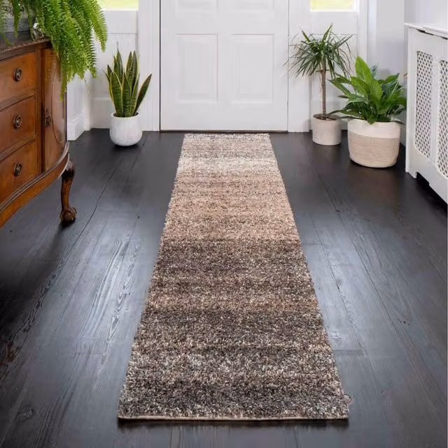 The Rug House Super Soft Mottled Striped Shaggy Area Rug in Beige and Brown, W: 60 cm, L: 240 cm