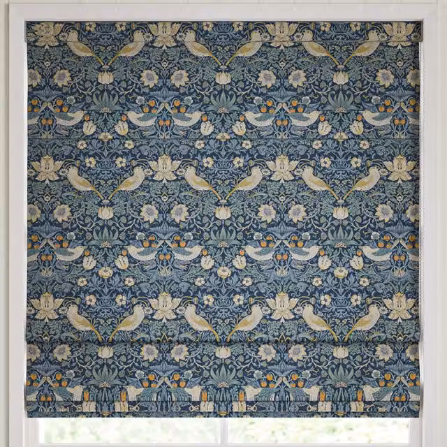 William Morris At Home Strawberry Thief Made to Measure Blackout Roman Blind in Woad Blue and Orange Floral Pattern