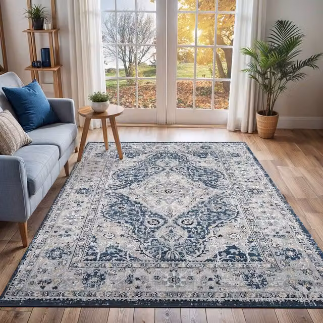 Livabliss Jolie Vintage Boho Rectangular Rug in Blue, Grey, Beige and Black, W: 120 cm, L: 170 cm