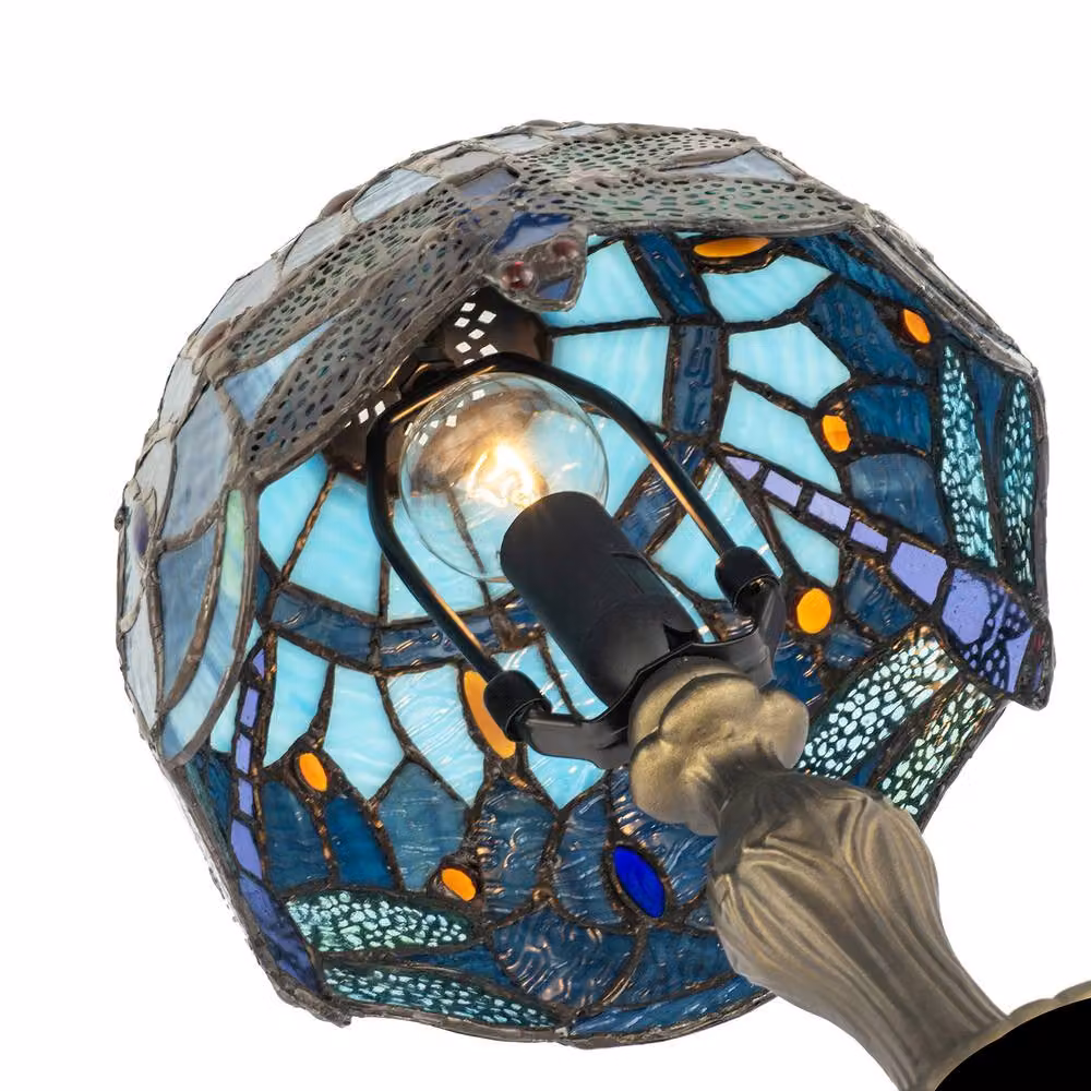 Happy Homewares Traditional Handmade Stained Glass Dragonfly Tiffany Tabletop Lamp in Blue – 3