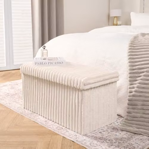 OHS Modern Cream Ribbed Rectangle Storage Ottoman with Lid