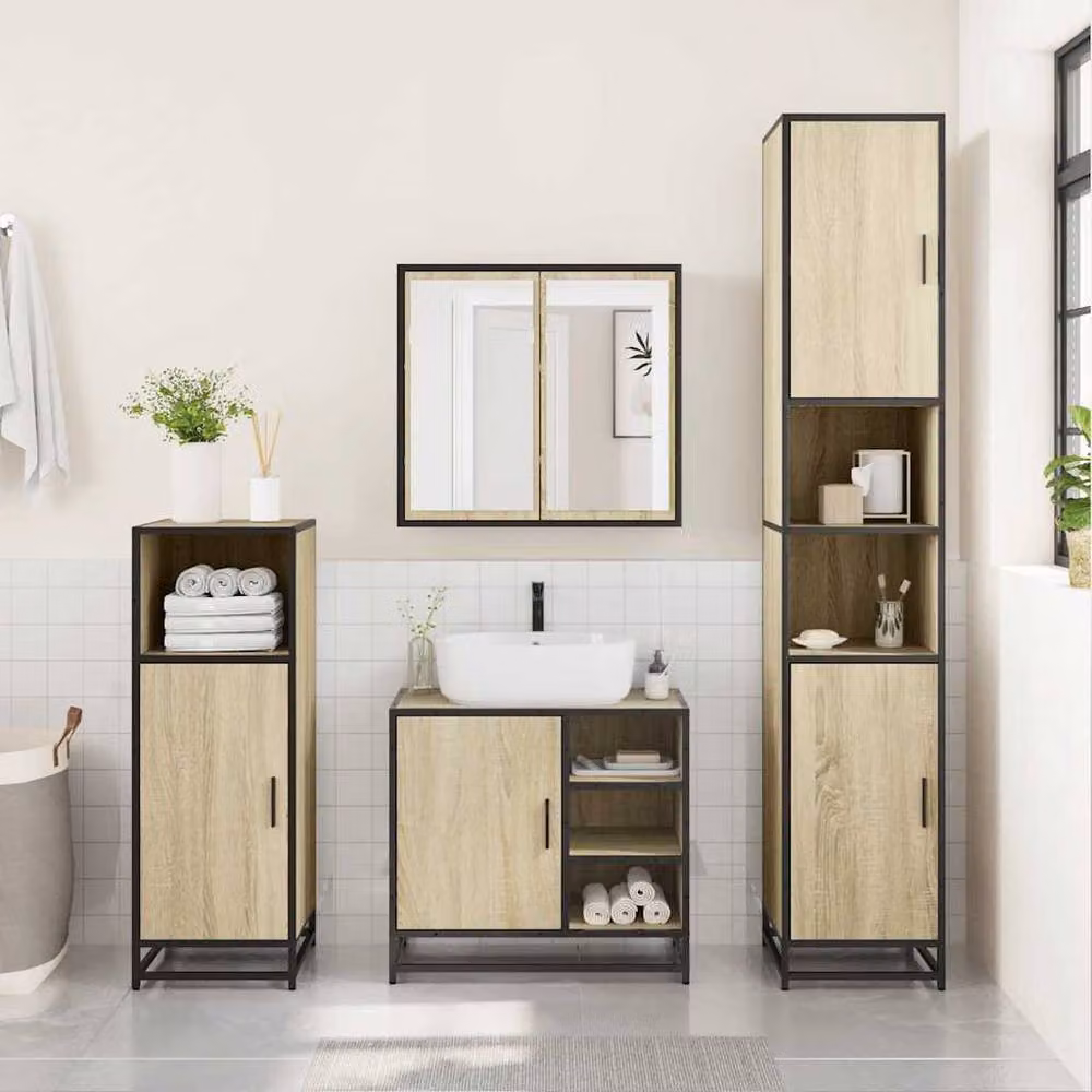 Berkfield Home 3 Piece Industrial Bathroom Furniture Set in Sonoma Oak and Beige – 2