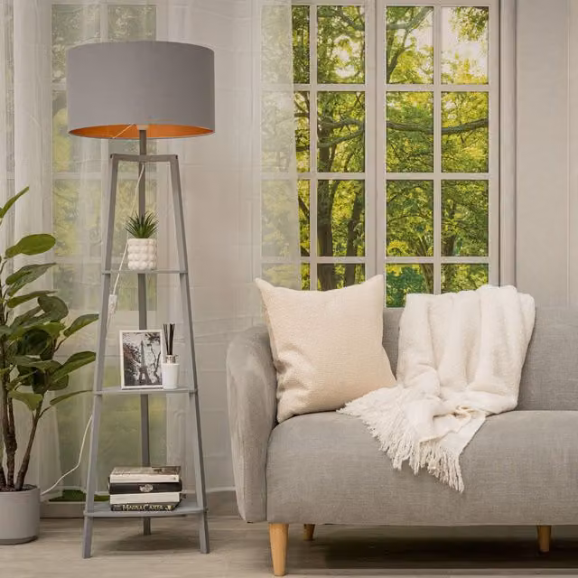 Hiru 3 Tier Shelf Floor Lamp with Metallic Lampshade in Grey and Wood